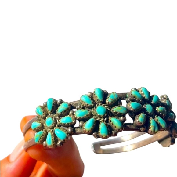 Vintage Jewelry - Vintage Native American Flower Cuff Bracelet of .925 and Genuine Turquoise